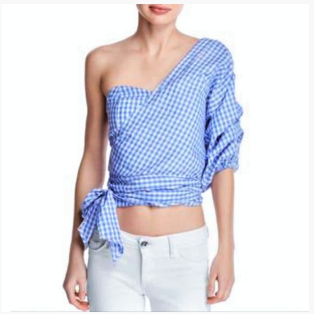 Mlm Blue White Gingham One Shoulder Top L